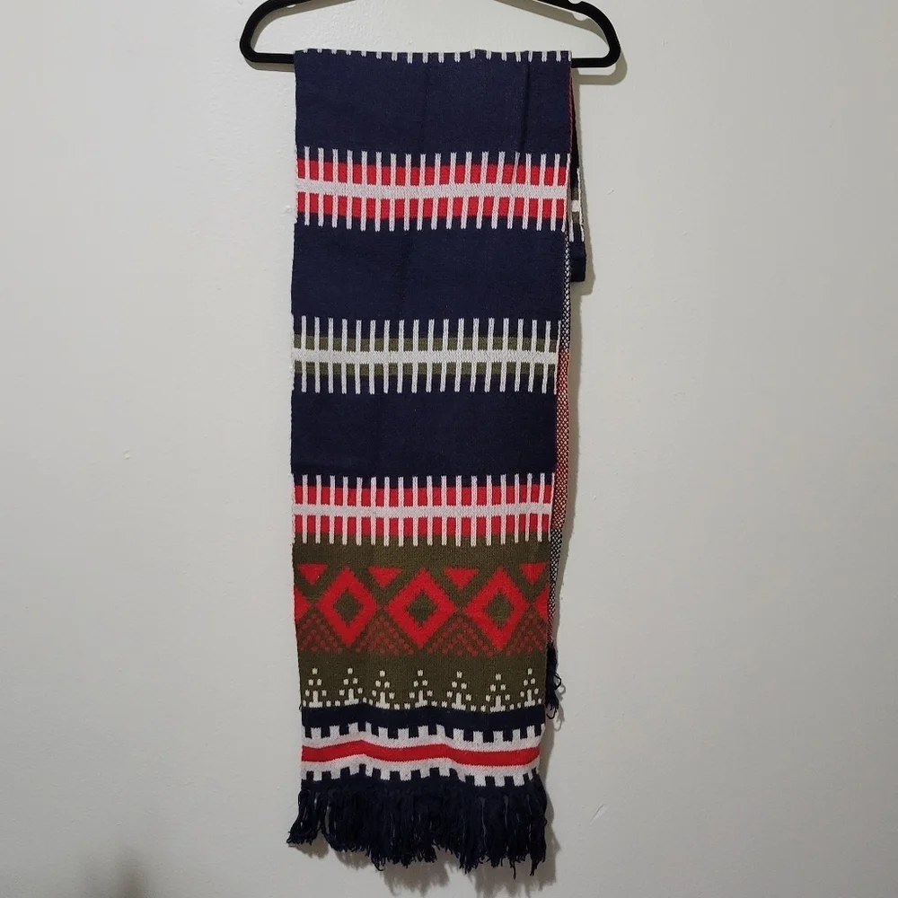 ​J. Crew Fair Isle Scarf Navy Blue Red Geometric Knit Winter Wool Blend Nordic